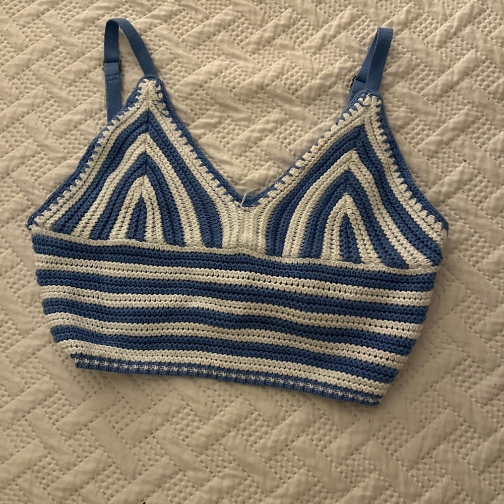 Hollister Blue and White Striped Crochet Crop Top